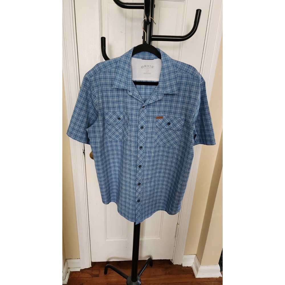 Orvis Performance Shirt Men Size L Blue Flap Pockets Fish Golf Hike Athletic